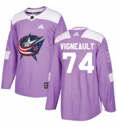 Men's Adidas Columbus Blue Jackets #74 Sam Vigneault Authentic Purple Fights Cancer Practice NHL Jersey