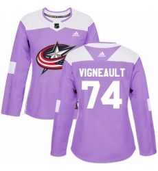 Women's Adidas Columbus Blue Jackets #74 Sam Vigneault Authentic Purple Fights Cancer Practice NHL Jersey