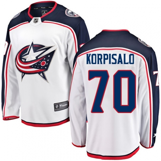 Men's Columbus Blue Jackets #70 Joonas Korpisalo Fanatics Branded White Away Breakaway NHL Jersey Men's Columbus Blue Jackets #70 Joonas Korpisalo Fanatics Branded White Away Breakaway NHL Jersey
