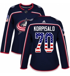 Women's Adidas Columbus Blue Jackets #70 Joonas Korpisalo Authentic Navy Blue USA Flag Fashion NHL Jersey