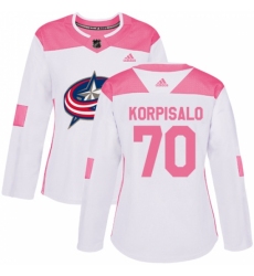 Women's Adidas Columbus Blue Jackets #70 Joonas Korpisalo Authentic White/Pink Fashion NHL Jersey