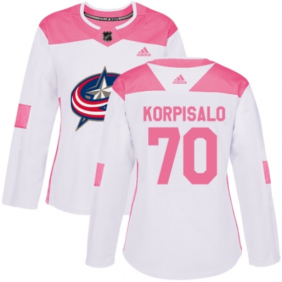 Women's Adidas Columbus Blue Jackets #70 Joonas Korpisalo Authentic White/Pink Fashion NHL Jersey Women's Adidas Columbus Blue Jackets #70 Joonas Korpisalo Authentic White/Pink Fashion NHL Jersey