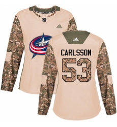 Women's Adidas Columbus Blue Jackets #53 Gabriel Carlsson Authentic Camo Veterans Day Practice NHL Jersey
