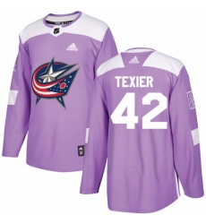Men's Adidas Columbus Blue Jackets #42 Alexandre Texier Authentic Purple Fights Cancer Practice NHL Jersey