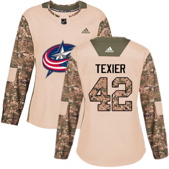 Women's Adidas Columbus Blue Jackets #42 Alexandre Texier Authentic Camo Veterans Day Practice NHL Jersey Women's Adidas Columbus Blue Jackets #42 Alexandre Texier Authentic Camo Veterans Day Practice NHL Jersey