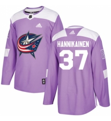 Men's Adidas Columbus Blue Jackets #37 Markus Hannikainen Authentic Purple Fights Cancer Practice NHL Jersey
