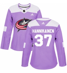 Women's Adidas Columbus Blue Jackets #37 Markus Hannikainen Authentic Purple Fights Cancer Practice NHL Jersey