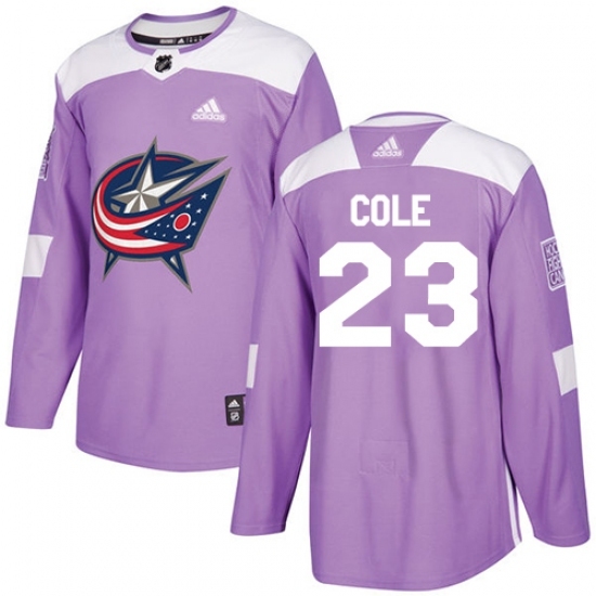 Men's Adidas Columbus Blue Jackets #23 Ian Cole Authentic Purple Fights Cancer Practice NHL Jersey Men's Adidas Columbus Blue Jackets #23 Ian Cole Authentic Purple Fights Cancer Practice NHL Jersey