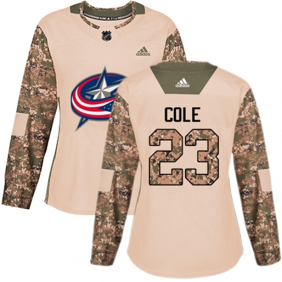 Women's Adidas Columbus Blue Jackets #23 Ian Cole Authentic Camo Veterans Day Practice NHL Jersey Women's Adidas Columbus Blue Jackets #23 Ian Cole Authentic Camo Veterans Day Practice NHL Jersey