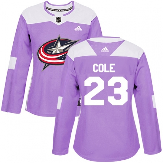 Women's Adidas Columbus Blue Jackets #23 Ian Cole Authentic Purple Fights Cancer Practice NHL Jersey Women's Adidas Columbus Blue Jackets #23 Ian Cole Authentic Purple Fights Cancer Practice NHL Jersey