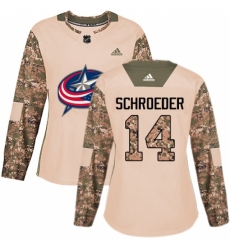 Women's Adidas Columbus Blue Jackets #14 Jordan Schroeder Authentic Camo Veterans Day Practice NHL Jersey