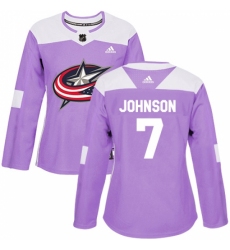 Women's Adidas Columbus Blue Jackets #7 Jack Johnson Authentic Purple Fights Cancer Practice NHL Jersey Women's Adidas Columbus Blue Jackets #7 Jack Johnson Authentic Purple Fights Cancer Practice NHL Jersey