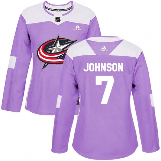 Women's Adidas Columbus Blue Jackets #7 Jack Johnson Authentic Purple Fights Cancer Practice NHL Jersey Women's Adidas Columbus Blue Jackets #7 Jack Johnson Authentic Purple Fights Cancer Practice NHL Jersey