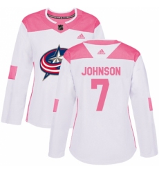 Women's Adidas Columbus Blue Jackets #7 Jack Johnson Authentic White/Pink Fashion NHL Jersey Women's Adidas Columbus Blue Jackets #7 Jack Johnson Authentic White/Pink Fashion NHL Jersey