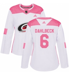 Women's Adidas Carolina Hurricanes #6 Klas Dahlbeck Authentic White/Pink Fashion NHL Jersey