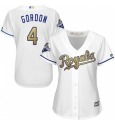 Women's Majestic Kansas City Royals #4 Alex Gordon Authentic White 2015 World Series Champions Gold Program Cool Base MLB Jersey