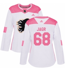 Women's Adidas Calgary Flames #68 Jaromir Jagr Authentic White/Pink Fashion NHL Jersey