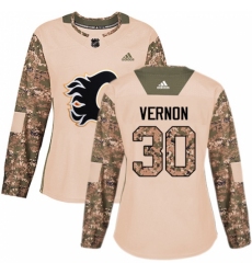 Women's Adidas Calgary Flames #30 Mike Vernon Authentic Camo Veterans Day Practice NHL Jersey