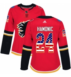 Women's Adidas Calgary Flames #24 Travis Hamonic Authentic Red USA Flag Fashion NHL Jersey