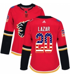 Women's Adidas Calgary Flames #20 Curtis Lazar Authentic Red USA Flag Fashion NHL Jersey