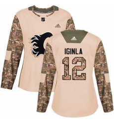 Women's Adidas Calgary Flames #12 Jarome Iginla Authentic Camo Veterans Day Practice NHL Jersey