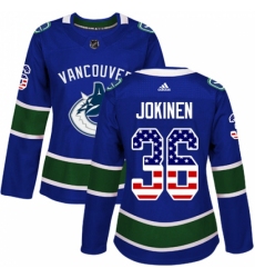 Women's Adidas Vancouver Canucks #36 Jussi Jokinen Authentic Blue USA Flag Fashion NHL Jersey