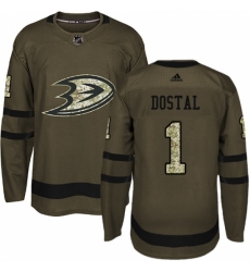 Men's Adidas Anaheim Ducks #1 Lukas Dostal Authentic Green Salute to Service NHL Jersey Men's Adidas Anaheim Ducks #1 Lukas Dostal Authentic Green Salute to Service NHL Jersey