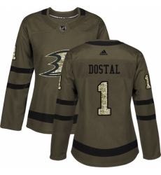 Women's Adidas Anaheim Ducks #1 Lukas Dostal Authentic Green Salute to Service NHL Jersey Women's Adidas Anaheim Ducks #1 Lukas Dostal Authentic Green Salute to Service NHL Jersey