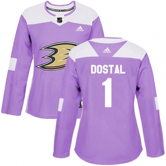 Women's Adidas Anaheim Ducks #1 Lukas Dostal Authentic Purple Fights Cancer Practice NHL Jersey Women's Adidas Anaheim Ducks #1 Lukas Dostal Authentic Purple Fights Cancer Practice NHL Jersey