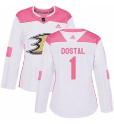 Women's Adidas Anaheim Ducks #1 Lukas Dostal Authentic White Pink Fashion NHL Jersey Women's Adidas Anaheim Ducks #1 Lukas Dostal Authentic White Pink Fashion NHL Jersey