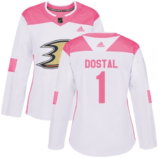 Women's Adidas Anaheim Ducks #1 Lukas Dostal Authentic White Pink Fashion NHL Jersey Women's Adidas Anaheim Ducks #1 Lukas Dostal Authentic White Pink Fashion NHL Jersey