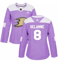 Women's Adidas Anaheim Ducks #8 Teemu Selanne Authentic Purple Fights Cancer Practice NHL Jersey