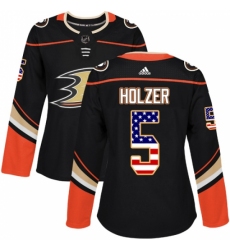Women's Adidas Anaheim Ducks #5 Korbinian Holzer Authentic Black USA Flag Fashion NHL Jersey