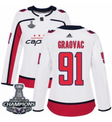 Women's Adidas Washington Capitals #91 Tyler Graovac Authentic White Away 2018 Stanley Cup Final Champions NHL Jersey