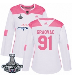 Women's Adidas Washington Capitals #91 Tyler Graovac Authentic White Pink Fashion 2018 Stanley Cup Final Champions NHL Jersey