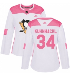 Women's Adidas Pittsburgh Penguins #34 Tom Kuhnhackl Authentic White/Pink Fashion NHL Jersey