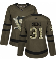 Women's Adidas Pittsburgh Penguins #31 Antti Niemi Authentic Green Salute to Service NHL Jersey