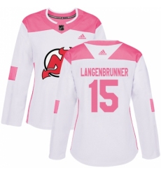 Women's Adidas New Jersey Devils #15 Jamie Langenbrunner Authentic White/Pink Fashion NHL Jersey