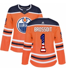 Women's Adidas Edmonton Oilers #1 Laurent Brossoit Authentic Orange USA Flag Fashion NHL Jersey