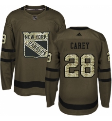 Men's Adidas New York Rangers #28 Paul Carey Authentic Green Salute to Service NHL Jersey