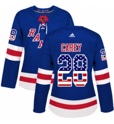 Women's Adidas New York Rangers #28 Paul Carey Authentic Royal Blue USA Flag Fashion NHL Jersey