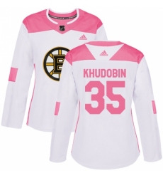 Women's Adidas Boston Bruins #35 Anton Khudobin Authentic White/Pink Fashion NHL Jersey