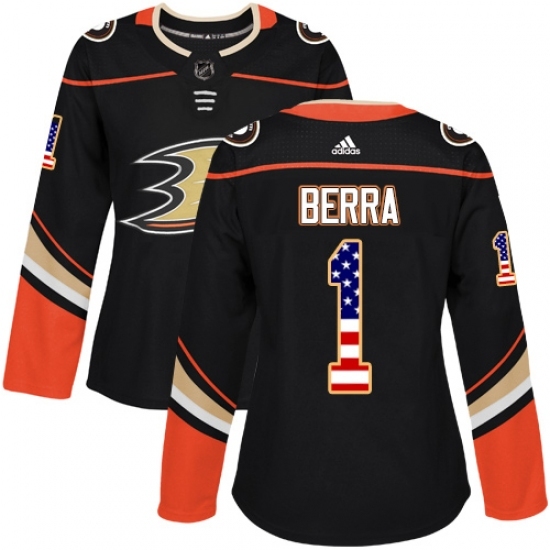 Women's Adidas Anaheim Ducks #1 Reto Berra Authentic Black USA Flag Fashion NHL Jersey Women's Adidas Anaheim Ducks #1 Reto Berra Authentic Black USA Flag Fashion NHL Jersey
