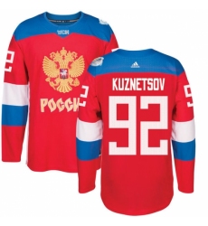 Men's Adidas Team Russia #92 Evgeny Kuznetsov Authentic Red Away 2016 World Cup of Hockey Jersey