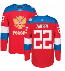 Men's Adidas Team Russia #22 Nikita Zaitsev Authentic Red Away 2016 World Cup of Hockey Jersey