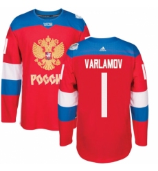Men's Adidas Team Russia #1 Semyon Varlamov Authentic Red Away 2016 World Cup of Hockey Jersey