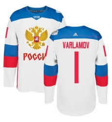 Men's Adidas Team Russia #1 Semyon Varlamov Authentic White Home 2016 World Cup of Hockey Jersey