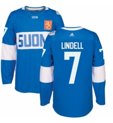Men's Adidas Team Finland #7 Esa Lindell Authentic Blue Away 2016 World Cup of Hockey Jersey