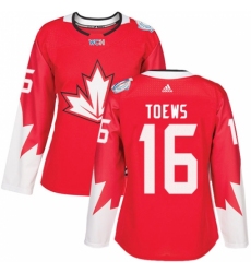 Women's Adidas Team Canada #16 Jonathan Toews Authentic Red Away 2016 World Cup Hockey Jersey