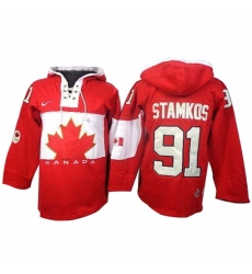 Men's Nike Team Canada #91 Steven Stamkos Premier Red Sawyer Hooded Sweatshirt Hockey Jersey
